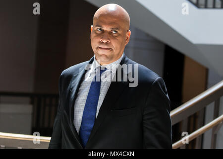 Senator Cory Booker (D-NJ) arrives at an all senators briefing on the investigation into President Trump's ties to Russia by Deputy Attorney General Rod Rosenstein at the U.S. Capitol.