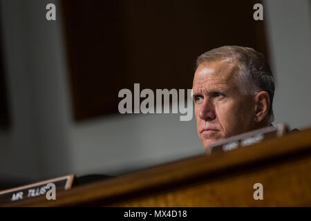 Senator Thom Tillis (R-NC) looks on as Director of National Intelligence Dan Coats testifies before the Senate Armed Services Committee during a hearing on world wide threats. Stock Photo
