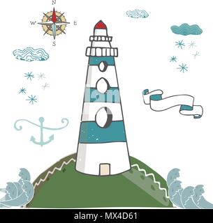 Lighthouse vector anchor kompas snowflake snow cloud landscape Stock Vector