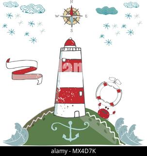 Red beacon vector ribbon anchor kompas snowflake snow cloud landscape waves crab vector card postcard Stock Vector