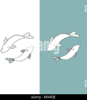 Two fish white fish sea life drawing geometric on white background Stock Vector