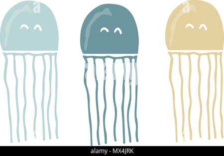 jellyfish vector illustration life deep ocean color funny character yellow blue eyes fish water style face smile medusa on white background Stock Vector