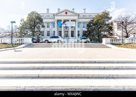 Washington DC, USA - March 9, 2018: American Red Cross chapter building in capital city with sign, symbol, logo, steps stairs, exterior architecture,  Stock Photo