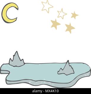 Iceberg stars Moon vector landscape vector illustration drawing shaddy style yellow color blue ice card place text design elements geometric on white  Stock Vector
