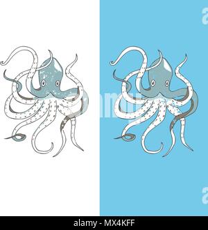 Sea beast character vector illustration drawing geometric cute animal polar ocean face octopus eyes funny sea life color white and black Antarctica Stock Vector