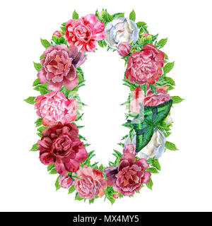 Number zero of watercolor flowers, isolated hand drawn on a white background, wedding design, english alphabet Stock Photo