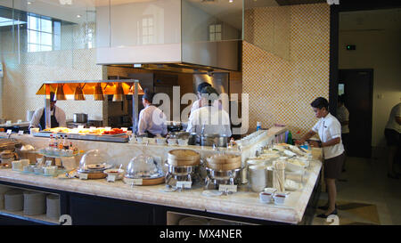 PULAU LANGKAWI, MALAYSIA - APR 4th 2015: Breakfast buffet in the hotel restaurant with open kitchen Stock Photo