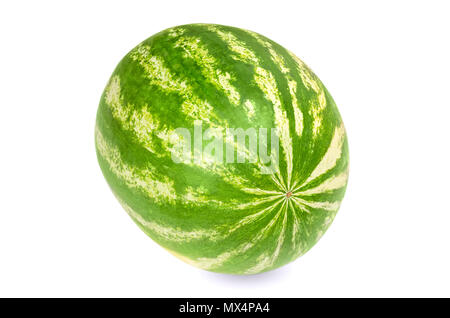Whole sweet watermelon, front view, on white background. Large ripe fruit of Citrullus lanatus. Edible, raw and organic. Food photo, closeup. Stock Photo