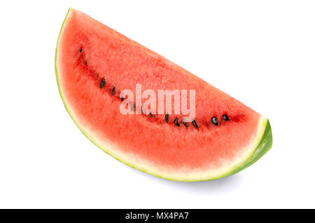 Sweet watermelon slice, front view, on white background. Large ripe fruit of Citrullus lanatus with green striped skin, red pulp and black seeds. Stock Photo