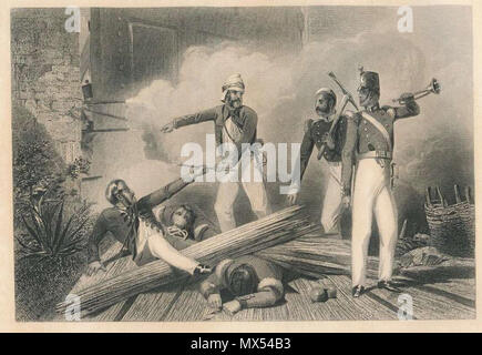 . English: 'Blowing up of the Cashmere Gate at Delhi, 14 Sept. 1857,' a steel engraving by Darley and Ridgway Source: ebay, Aug. 2005 From the original description: Meanwhile, the third column effected an entrance by the Cashmere gate. At the head marched an explosion party, composed of Lieutenants Salkeld and Home Sergeants Smith and Carmichael, Corporal Burgess, and Bugler Hawthorne, with fourteen Native sappers and miners of the old Bengal army and ten Punjabis. Covered by the fire of the Rifles, the advanced party safely reached the outer barrier gate which they found open and unguarded. H Stock Photo