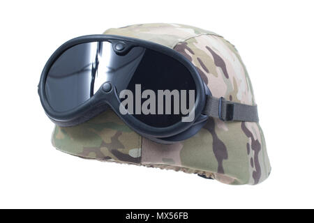 us army kevlar helmet with a multicam camouflage cover and protective goggles Stock Photo