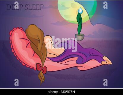 girl asleep on a large pink pillow in a dark room Stock Vector