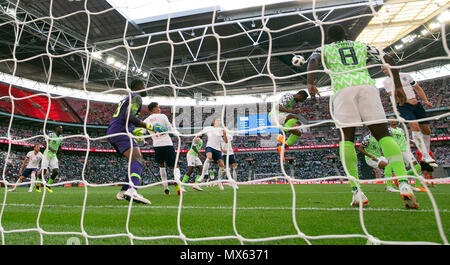 London, UK. 2nd June, 2018. John Obi Mikel (5th R) of Nigeria heads for the ball during the International Friendly Football match between England and Nigeria at Wembley Stadium in London, Britain on June 2, 2018. England won 2-1. Credit: Han Yan/Xinhua/Alamy Live News Stock Photo