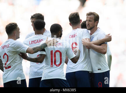 London, UK. 2nd June, 2018. Harry Kane (1st R) of England celebrates after scoring with his teammates during the International Friendly Football match between England and Nigeria at Wembley Stadium in London, Britain on June 2, 2018. England won 2-1. Credit: Han Yan/Xinhua/Alamy Live News Stock Photo