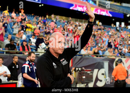 Foxborough Massachusetts, USA. 2nd June, 2018. New England Revolution head coach Brad Friedel waves to fans at the MLS game between New York Red Bulls and the New England Revolution held at Gillette Stadium in Foxborough Massachusetts. The Revolution defeat the Red Bulls 2-1. Eric Canha/CSM/Alamy Live News Stock Photo