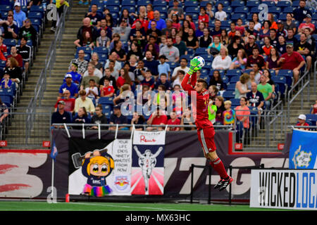 Foxborough Massachusetts, USA. 2nd June, 2018. New England Revolution goalkeeper Matt Turner (30) makes a save during the MLS game between New York Red Bulls and the New England Revolution held at Gillette Stadium in Foxborough Massachusetts. The Revolution defeat the Red Bulls 2-1. Eric Canha/CSM/Alamy Live News Stock Photo