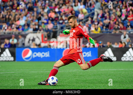 Foxborough Massachusetts, USA. 2nd June, 2018. New England Revolution goalkeeper Matt Turner (30) sends the ball into play during the MLS game between New York Red Bulls and the New England Revolution held at Gillette Stadium in Foxborough Massachusetts. The Revolution defeat the Red Bulls 2-1. Eric Canha/CSM/Alamy Live News Stock Photo