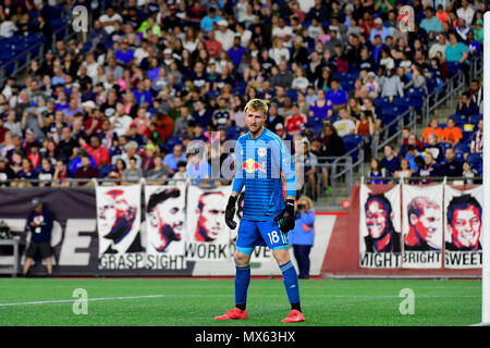 Foxborough Massachusetts, USA. 2nd June, 2018. New York Red Bulls goalkeeper Ryan Meara (18) tend the net during the MLS game between New York Red Bulls and the New England Revolution held at Gillette Stadium in Foxborough Massachusetts. The Revolution defeat the Red Bulls 2-1. Eric Canha/CSM/Alamy Live News Stock Photo