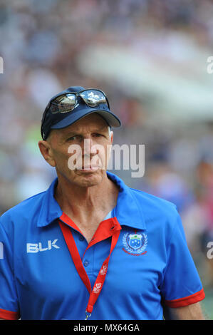 Twickenham Stadium, London, UK. 2nd Jun, 2018. Sir Gordon Tietjens, head coach of the Samoa rugby sevens team (former coach of the New Zealand All Blacks Sevens) at Twickenham Stadium, London, UK, during the penultimate stage of the HSBC World Rugby Sevens Series.  The series sees 20 international teams competing in rapid 14 minute matches (two halves of seven minutes) across 11 different cities around the world - the finale will be in Paris in June. Credit: Michael Preston/Ģ����ý Live News Stock Photo