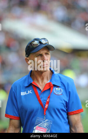 Twickenham Stadium, London, UK. 2nd Jun, 2018. Sir Gordon Tietjens, head coach of the Samoa rugby sevens team (former coach of the New Zealand All Blacks Sevens) at Twickenham Stadium, London, UK, during the penultimate stage of the HSBC World Rugby Sevens Series.  The series sees 20 international teams competing in rapid 14 minute matches (two halves of seven minutes) across 11 different cities around the world - the finale will be in Paris in June. Credit: Michael Preston/Ģ����ý Live News Stock Photo
