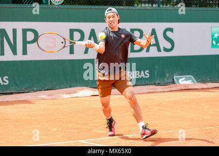 Kei Nishikori (JPN), JUNE 2, 2018 - Tennis : Kei Nishikori of Japan during a training session prior to the Men's single fourth round match of the French Open tennis tournament at the Roland Garros in Paris, France. (Photo by AFLO) Stock Photo