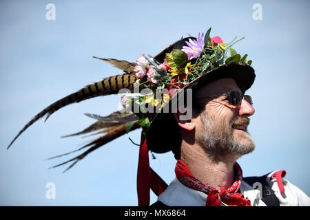 Morris Dancer's hat at Wessex Folk Festival, Weymouth Dorset  decorated hat of Morris dancer Credit: Finnbarr Webster/Alamy Live News Stock Photo