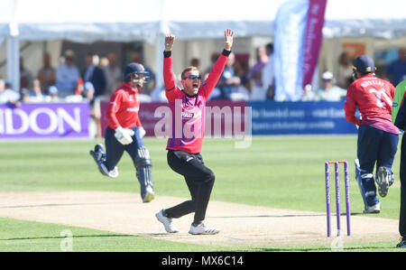 Eastbourne UK 3rd June 2018  - Sussex bowler Danny Briggs claims the wicket of Essex's Adam Wheater LBW for 60 runs during the Royal London One Day cricket match between Sussex Sharks and Essex Eagles at The Saffrons ground in Eastbourne UK Photograph taken by Simon Dack Credit: Simon Dack/Alamy Live News Stock Photo