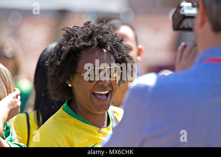 Anfield, Liverpool, UK. 3rd June, 2018. Brazil fans are in carnival mood ahead of their teams friendly match against Croatia at Anfield. Credit: ken biggs/Alamy Live News. Stock Photo