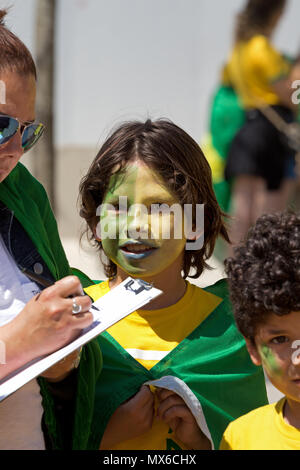 Anfield, Liverpool, UK. 3rd June, 2018. Brazil fans are in carnival mood ahead of their teams friendly match against Croatia at Anfield. Credit: ken biggs/Alamy Live News. Stock Photo