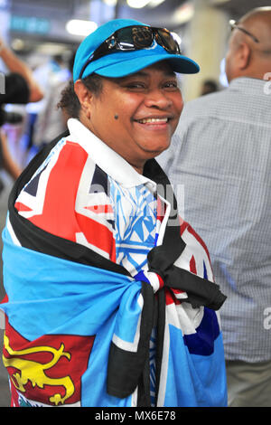 London, UK. 3rd Jun, 2018. A Fijian fan at the penultimate stage of the HSBC World Rugby Sevens Series at Twickenham Stadium, London, UK.  The series sees 20 international teams competing in rapid 14 minute matches (two halves of seven minutes) across 11 different cities around the world - the finale will be in Paris in June. Credit: Michael Preston/Alamy Live News Stock Photo