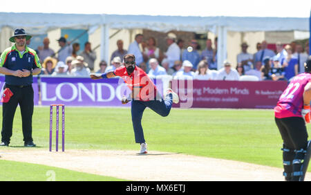 Eastbourne UK 3rd June 2018  - Ashar Zaidi bowling for Essex eagles during the Royal London One Day cricket match between Sussex Sharks and Essex Eagles at The Saffrons ground in Eastbourne UK Photograph taken by Simon Dack Credit: Simon Dack/Alamy Live News Stock Photo