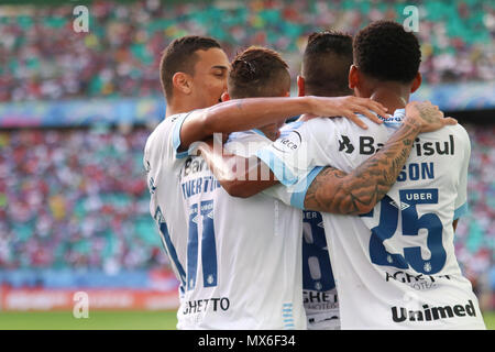 Players of Gremio during the game between Palmeiras and Gremio for the 34th  round of the Brazilian league, known locally as Campeonato Brasiliero. The  game took place at the Allianz Parque in