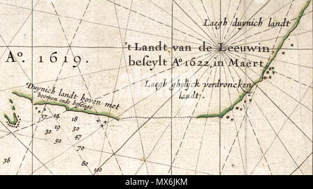 . This is an image showing detail of the National Library of Australia's copy of Hessel Gerritsz' 1627 map of the west coast of Australia entitled 'Caert van't Landt van d'Eendracht'. This detail shows a section of coastline discovered by the Leeuwin in 1622, and subsequently referred to by the Dutch as 't Landt van de Leeuwin ('The Land of the Leeuwin') . The original map was published in 1627.. Hessel Gerritsz, also written 'Hessel Gerritszoon'. 108 Caert van't Landt van d'Eendracht (detail showing Land of the Leeuwin) Stock Photo