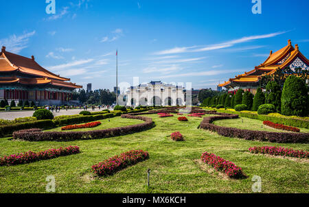 Scenic view of Liberty Square with archway National Theater and National Concert Hall close to Chiang Kai Shek Memorial Hall in Taipei Taiwan HDR Stock Photo