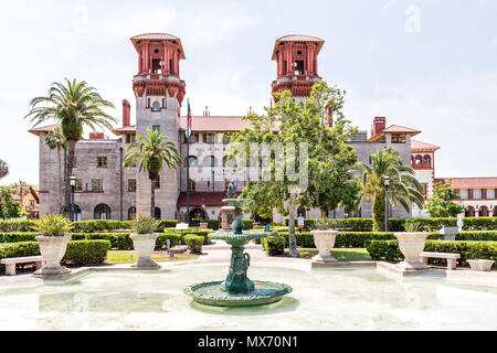 St. Augustine, USA - May 10, 2018: Flagler College with water fountain Florida architecture, famous statue in historic city, nobody Stock Photo