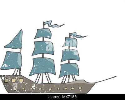 Sailing ship vector brown blue color vintage drawing ship pirets captain drive wood sailing ribbon font geometric elements old transport ocean sea Stock Vector
