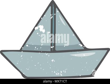 Paperboat illustration drawing shabby style geometric element blue boat water drawing clip art paper ship sea color texture on white background Stock Vector