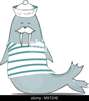 the walrus illustration mustachioed walrus in vest and cap Stock Vector