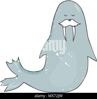 the walrus illustration color texture shabby style blue sea ocean life face animal smile mustache funny drawing geometric on white background Stock Vector