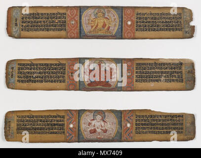 . Three Illustrated Palm leaves from a Prajnaparamita  . between 1000 and 1199 102 Brooklyn Museum - Three Illustrated Palm leaves from a Prajnaparamita Stock Photo