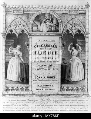 . English: Advertisement Original text: Unrivalled Circassian hair dye for changing light red or grey hair to a beautifull brown or black. circa 27 December 1843. Unknown 132 Circassian hair dye Stock Photo