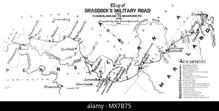 . Map of Braddock's Military Road from Cumberland to present-day Braddock, PA, 1755. Published 1912. John Kennedy Lacock 149 Cumberland md braddock road Stock Photo