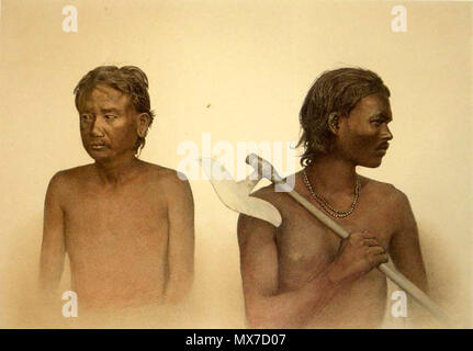 . English: From Dalton's 'Descriptive Ethnology of Bengal,' 1872; engravings with modern hand coloring: 'Bendkar: Male and Female'* 'Bhotia: Man and Woman'* 'Bhuiya: Male and Female'* 'Fakial and Miri'* 'Garos'* 'Ho: Girl and Woman'* 'Juang'* 'Kachari'* 'Kuki'* 'Lepcha: Man and Woman'* (shown above) 'Limbo'* 'Miri: Man and Woman'* 'Mug and Ho'* 'Mundas'* 'Munipuri: Married Woman and Young Girl'* 'Namsang Naga Muttuck'* 'Oraons'*  . 1872. Dalton 432 Mugho Stock Photo