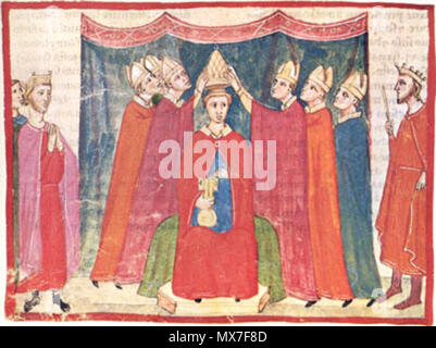 . Svenska: Benedictus XI, medeltida fresk. Santa Maria Novella, Florens. English: The Coronation of Pope Benedict XI (1303-1304). In this fresco from Santa Maria Novella in Florence, Benedict XI is shown between King Philip IV of France and King Edward I of England. 15th century (miniature). ignote 144 Coronation of Benedict XI Stock Photo