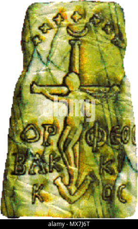 . Cover of the book 'The Jesus Mysteries' by Timothy Freke and Peter Gandy was first published in 1999, a colored econstruction of an alleged 2nd century amulet which depicts the crucifixion of Dionysus . User Big Brother 1984 on en.wikipedia 164 Dionysus Crucifixion Stock Photo