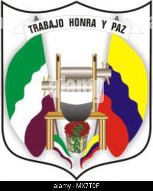 . Español: En el centro tiene Trapiche que representa la laboriosidad agrícola parte de la economía del municipio en la caña de azucar y un catabre (valde) lleno de granos de café, que representa otra de las fuentes de la economía de Convención, a la derecha la bandera de Colombia y a la izquierda la de la municipalidad convencionista y unido a ellas el lema que identifica a todos los convencionistas 'TRABAJO, HONRA Y PAZ' . Alcaldía del Municipio de Convención, Norte de Santander, Colombia 196 Escudo Municipio Convencion-Norte de Santander Stock Photo
