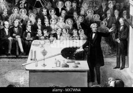 . Detail of a lithograph of Michael Faraday delivering a Christmas lecture at the Royal Institution . ca. 1856. Alexander Blaikley (1816 - 1903) 203 Faraday Michael Christmas lecture detail Stock Photo