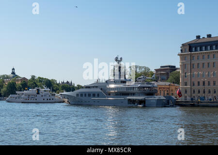 STOCKHOLM, SWEDEN, JUNE 2, 2018: The large luxury yacht M/S Skat embarked in Stockholm harbor. The ship is owned by the former Microsoft engineer Char Stock Photo