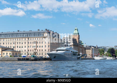 STOCKHOLM, SWEDEN, JUNE 2, 2018: The large luxury yacht M/S Skat embarked in Stockholm harbor. The ship is owned by the former Microsoft engineer Char Stock Photo