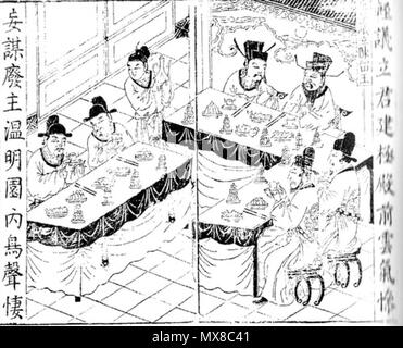 . English: A Qing Dynasty illustration depicting the meeting where Dong Zhuo announced he wanted to depose the emperor . 15 April 2012. Qing Dynasty 168 Dong Zhuo plots to depose Emperor Shao of Han Stock Photo